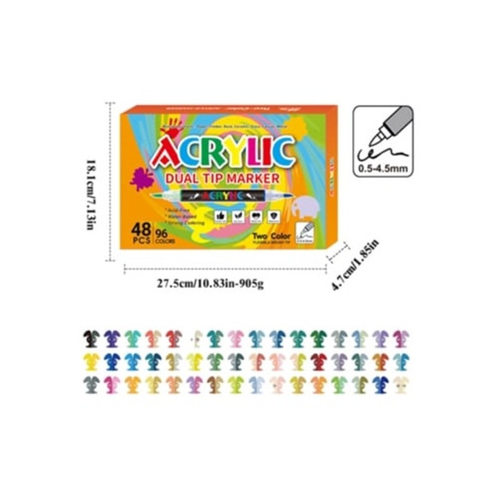 Set de 96 markere acrilice cu doua varfuri