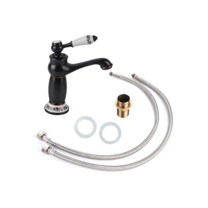 Egykaros mosdó csaptelep, virágmintás, hideg és meleg vizes, fekete