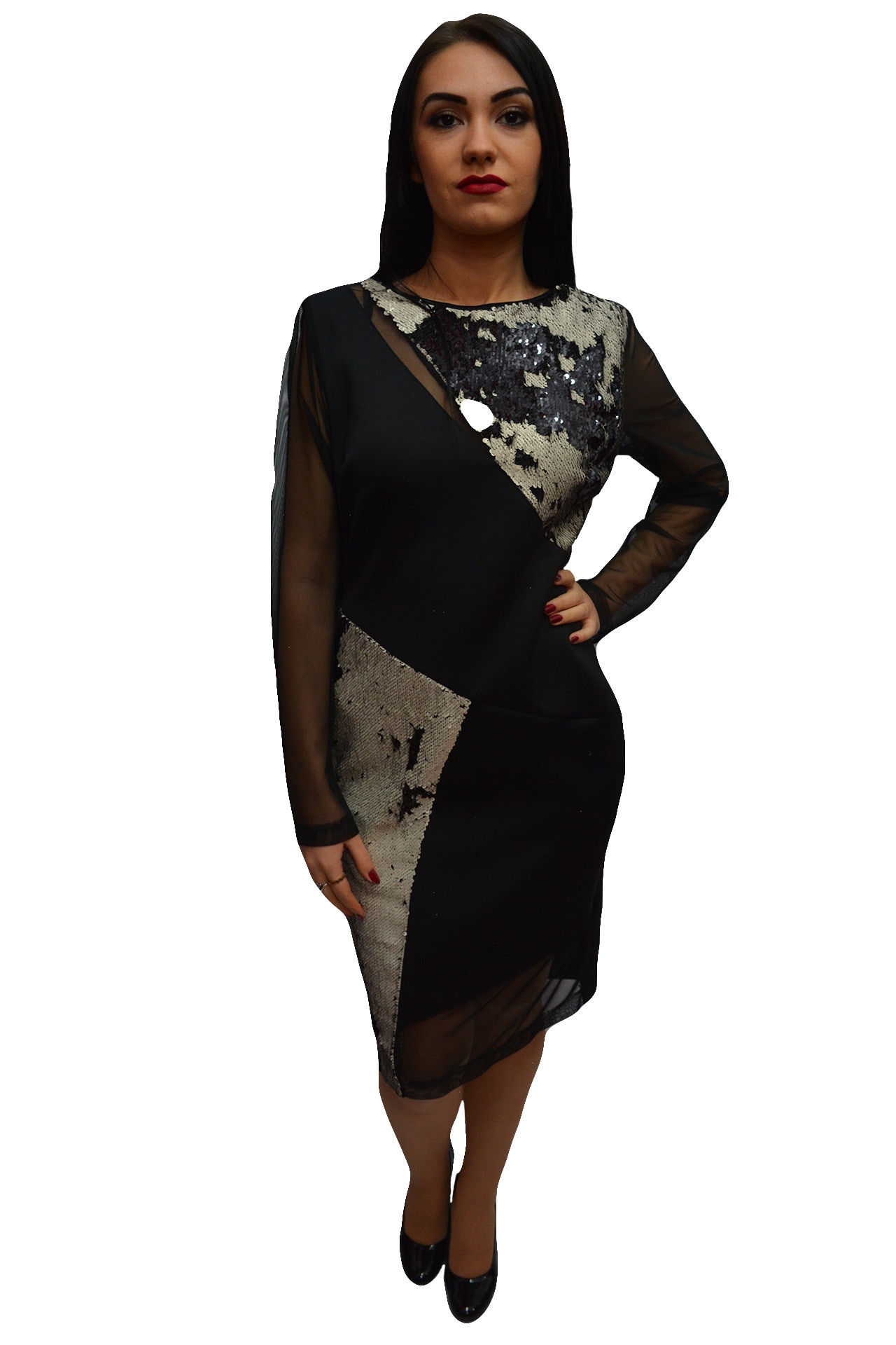 Rochie chic cu design de paiete si tul fin,masura mare,D&J Exclusive,, Negru