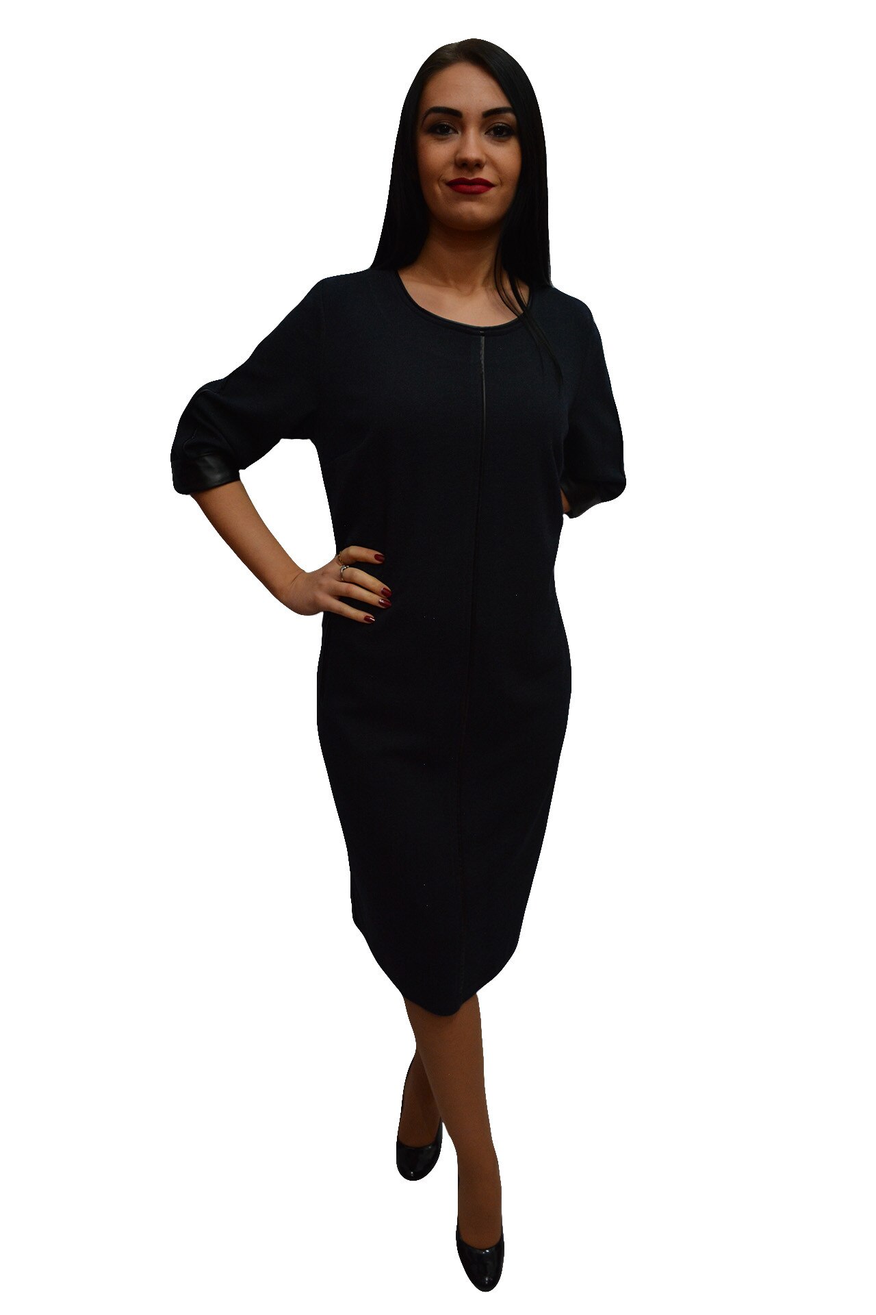 Rochie rafinatacu insertii de piele ecologica,masura mare,D&J Exclusive, Albastru marin