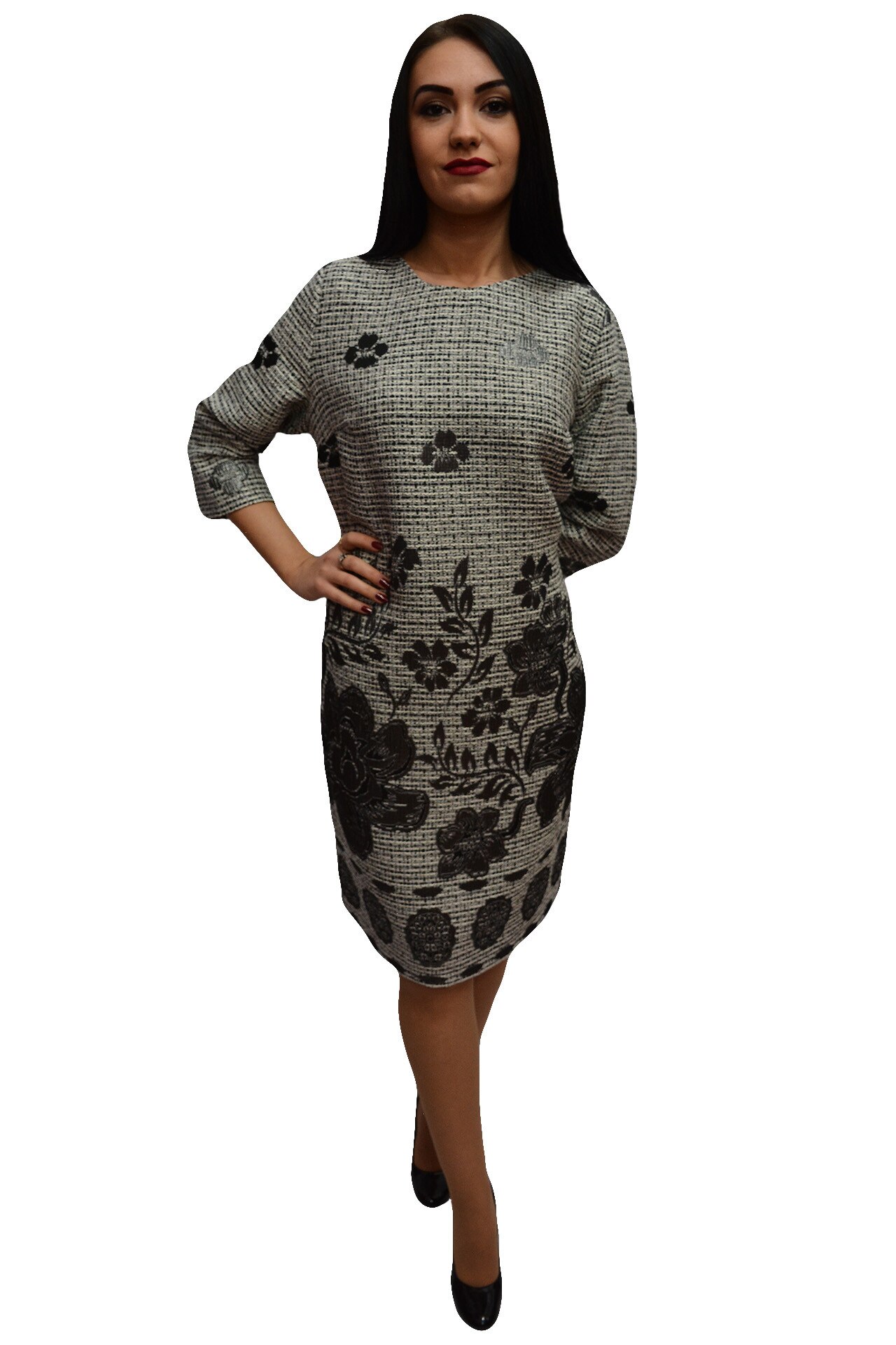 Rochie practica de zi cu imprimeu floral,masura mare,D&J Exclusive,, Gri deschis