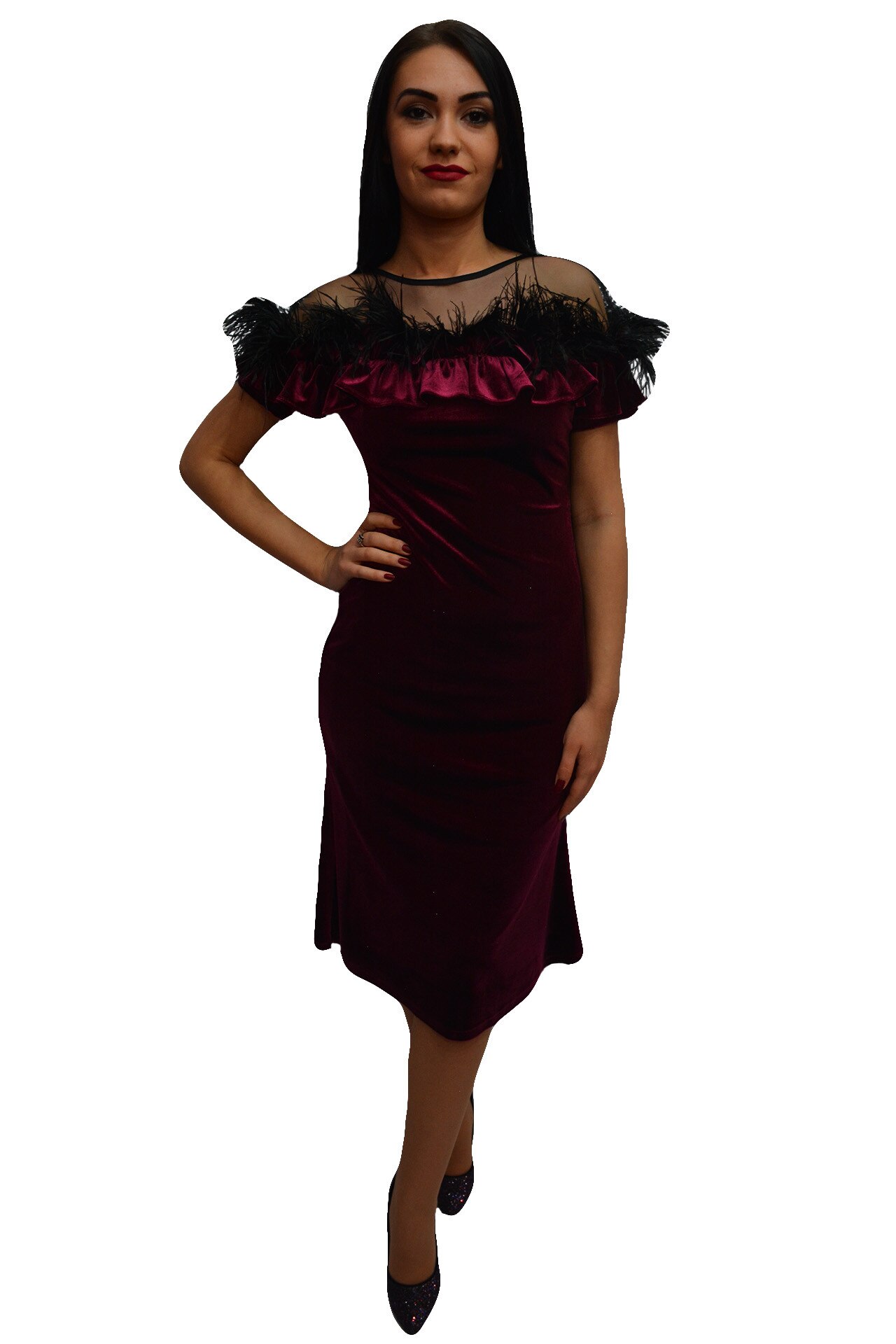 Rochie deosebita din catifea cu insertii de pene,D&J Exclusive, Visiniu