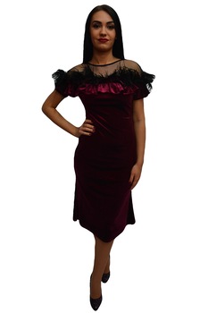 Rochie deosebita din catifea cu insertii de pene,D&J Exclusive, Visiniu Rochie deosebita din catifea cu insertii de pene,D&J Exclusive, Visiniu