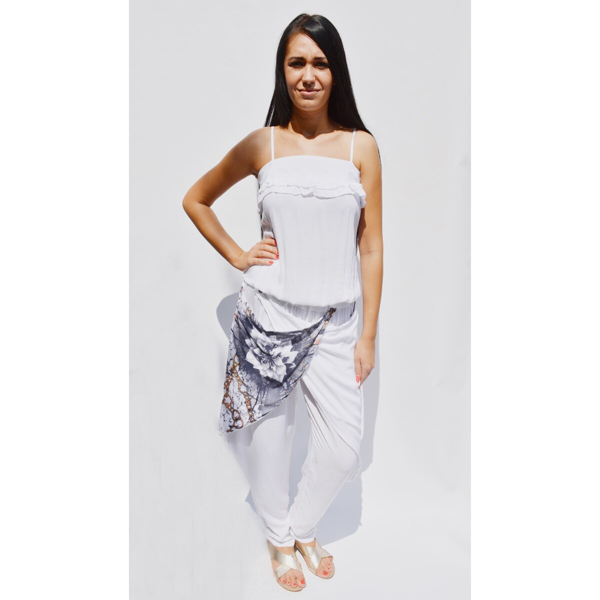 Salopeta cu design deosebit, D&J Exclusive, Alb/Bleumarin