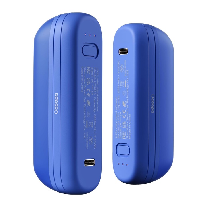 Set 2 Incalzitoare de Maini Kaylia - Portabile, Reincarcabile, Magnetice, 3 Trepte de Caldura, 12 Ore de Functionare, 5200mAh, Slim, Cablu USB-C, Albastru