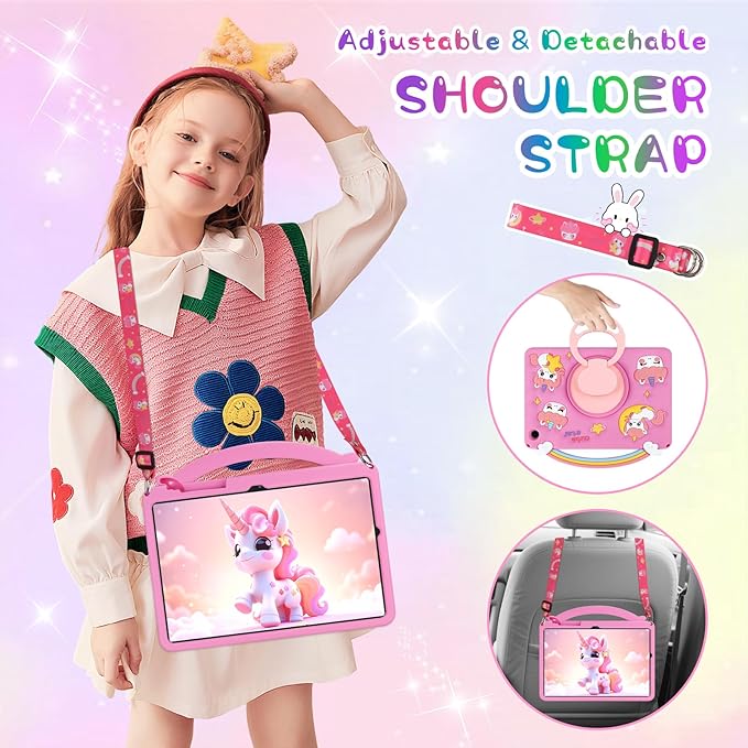 Husa 3D unicorn pentru tableta Samsung Galaxy Tab A9 Plus, silicon, suport rotativ, curea de umar, 11 inch