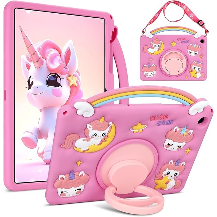 Husa 3D unicorn pentru tableta Samsung Galaxy Tab A9 Plus, silicon, suport rotativ, curea de umar, 11 inch