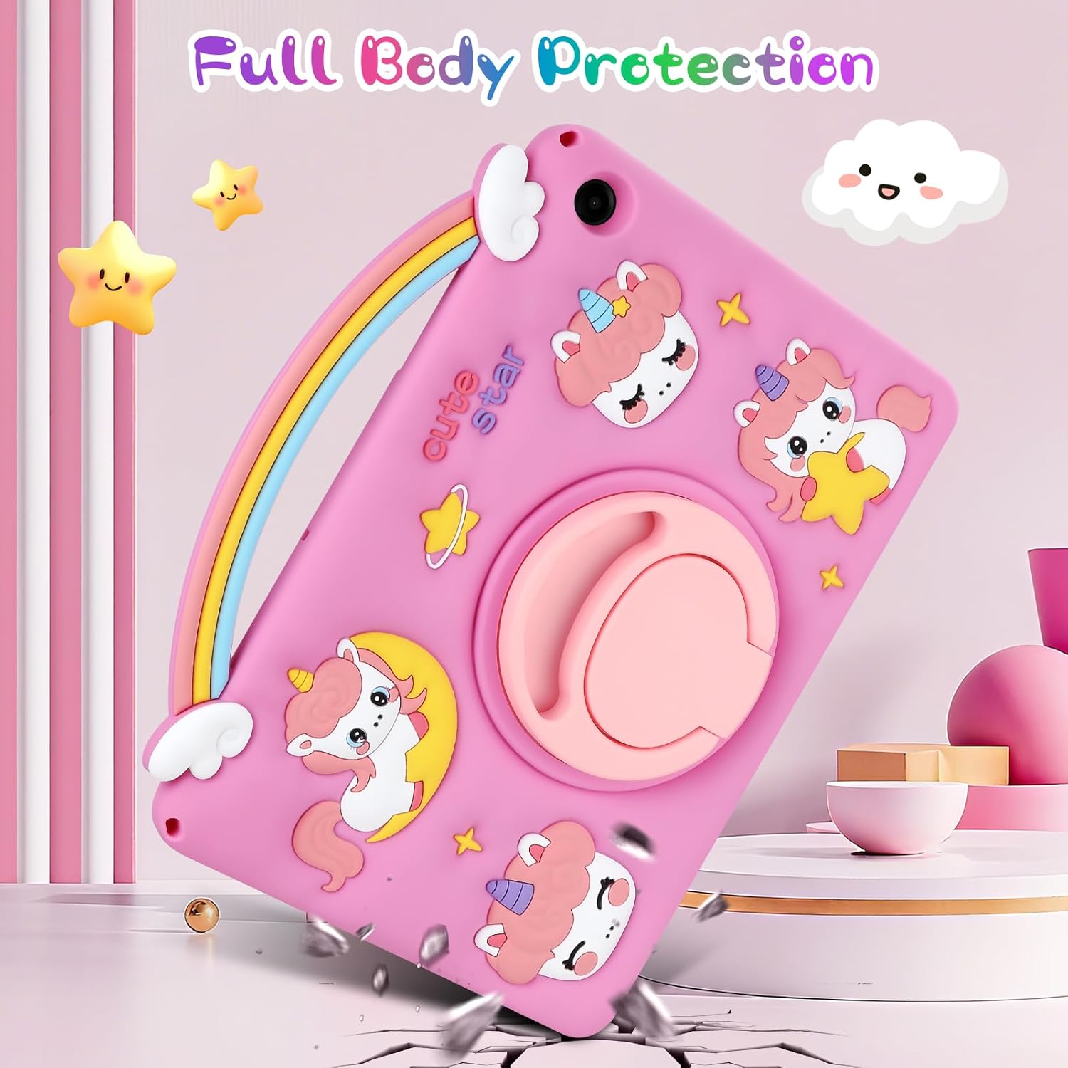 Husa 3D unicorn pentru tableta Samsung Galaxy Tab A9 Plus, silicon, suport rotativ, curea de umar, 11 inch