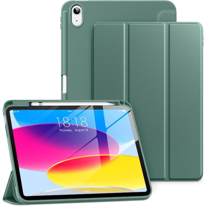 Husa pentru iPad 11 2025 11 inch Soft Shell cu functie wake-up/sleep si compartiment pentru Apple Pen tip stand protectie 360 verde inchis