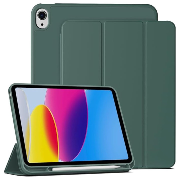 Husa pentru iPad 11（A16） 2025 11 inch Soft Shell cu functie wake-up/sleep si compartiment pentru Apple Pen tip stand protectie 360 verde inchis