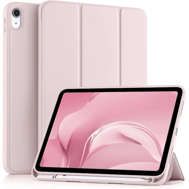 Husa de protectie pentru iPad 11 (A16）11" 2025, husa pentru iPad 10 10, 9 inch 2022, cu suport pentru stilou, husa inteligenta cu suport pliabil in trei, husa spate ultra-subtire din TPU moale, roz