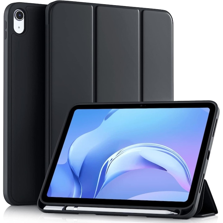 Husa de protectie pentru iPad 11 (A16）11" 2025, husa pentru iPad 10 10, 9 inch 2022, cu suport pentru stilou, husa inteligenta cu suport pliabil in trei, husa spate ultra-subtire din TPU moale, Negru