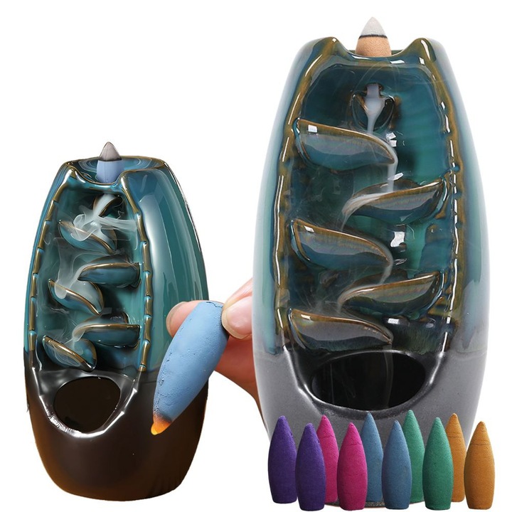 Arzător ceramic pentru conuri parfumate, Ayawaska, efect de cascadă, albastru, 20x9cm, set cu 10 conuri incluse