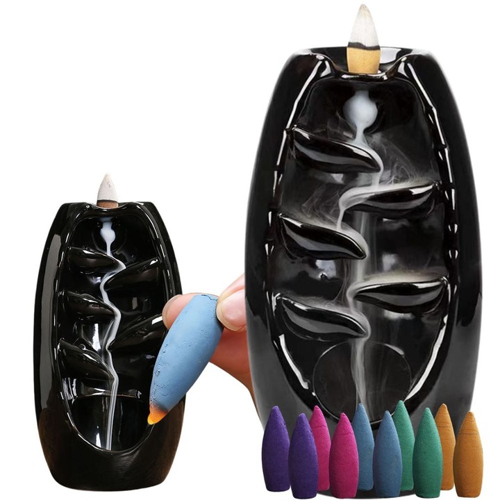Arzător ceramic pentru conuri parfumate, Ayawaska, design cascadă, negru, 20x9cm, set cu 10 conuri incluși