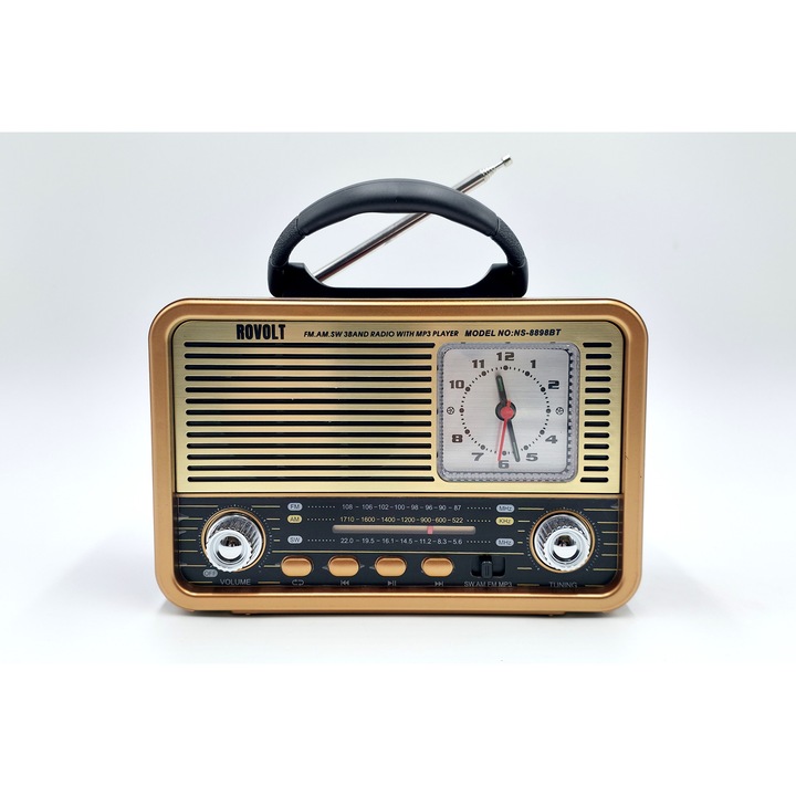 Radio ROVOLT® NS - 8898BT Design Vintage, FM/AM/SW, Ceas, Bluetooth, USB/TF, MP3 Player