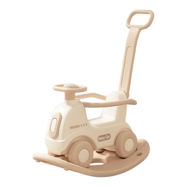 Gyermek hinta/autó, 3 az 1-ben, zenélő, állítható és levehető szülői tolókarral, fehér-bézs