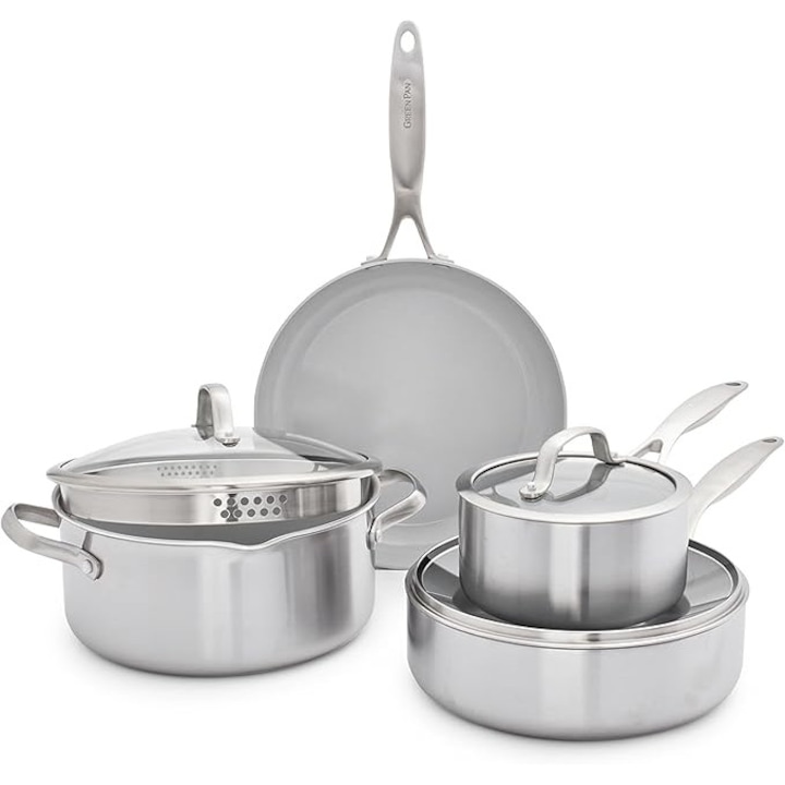 Set de gatit GreenPan Venice Tri-Ply, 7 piese – set de tigai si cratite, vase de gatit sanatoase din otel inoxidabil antiaderent, fara PFAS, compatibil cu inductie, sigur pentru masina de spalat vase si cuptor, culoare argintie