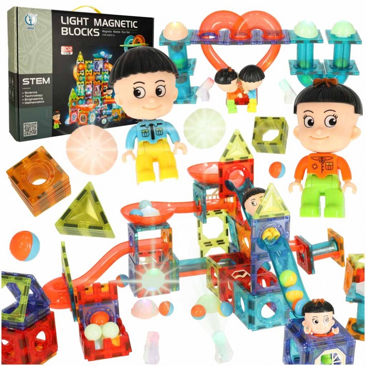 Set constructie tip circuit magnetic pentru copii Ikonka, pana la 202 elemente interconectabile si bilute luminoase