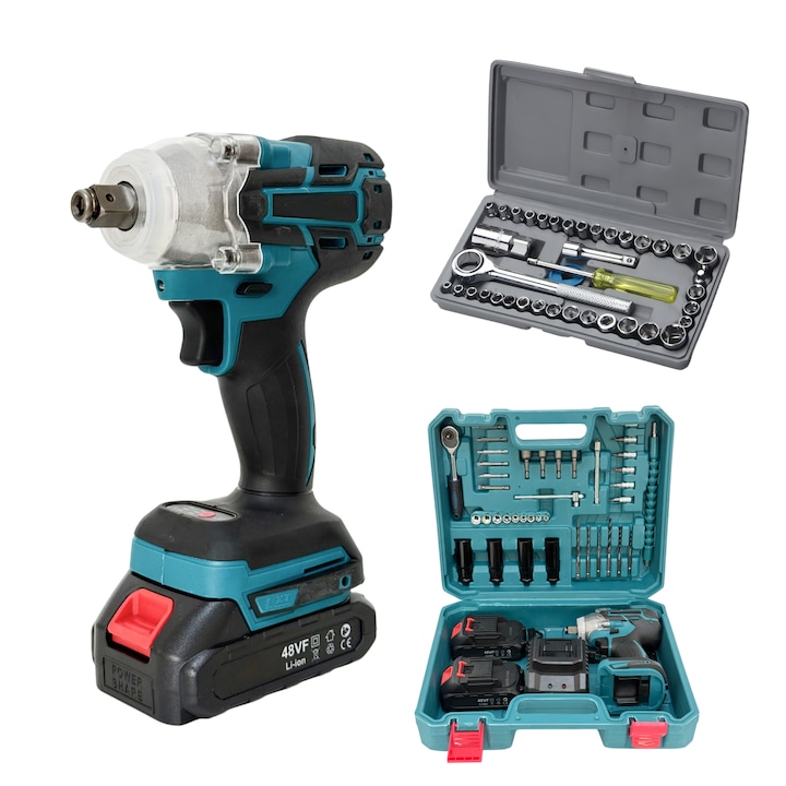 Комплект електрически инструменти, Акумулаторна ударна бормашина и винтоверт, 2 батерии 48V, 40 аксесоара, зарядна станция, транспортен куфар и комплект преносими лули с тресчотка, 40 части, HAPPY JOKER