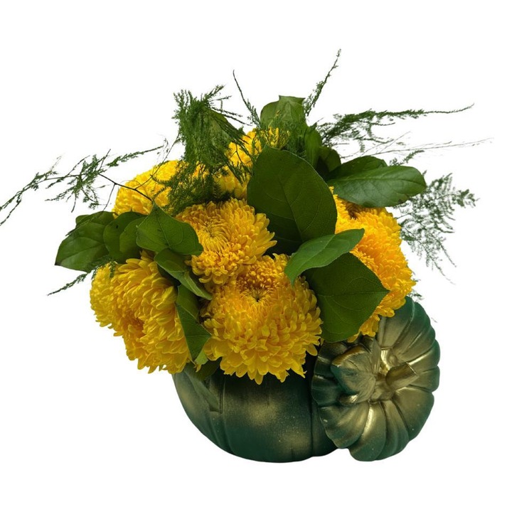 Aranjament floral in vas ceramic cu crizanteme naturale