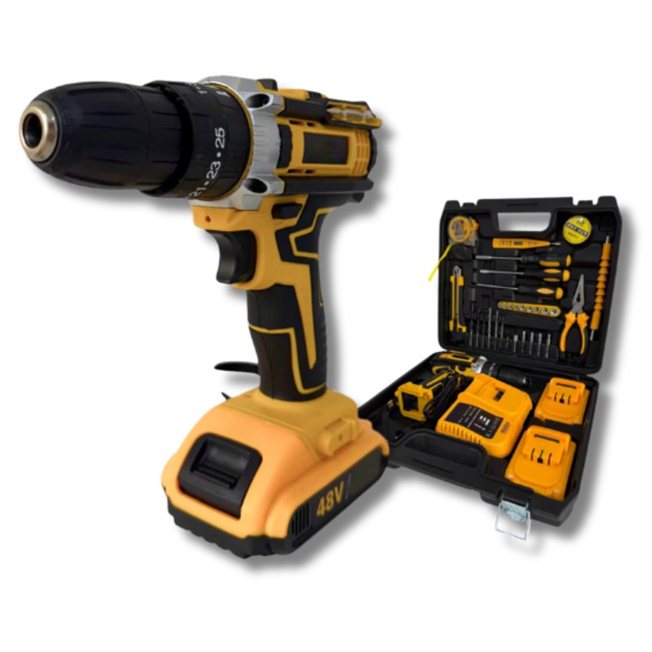 Fúrógép készlet barkácsoláshoz, ütvefúró, 30 tartozékkal, 2 db 48V akkumulátor, tárolódobozzal, fekete-sárga, LuckyLu®