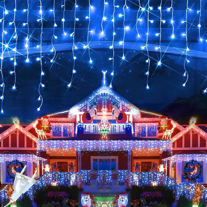 Karácsonyi jégcsap/rojt fényfüzér SIKS, 10 méter, 300 LED, házra / kertbe / kerítésre, 8 fénymóddal, folyó rojt, kültéri/beltéri, átlátszó vezeték, összekapcsolható, kék