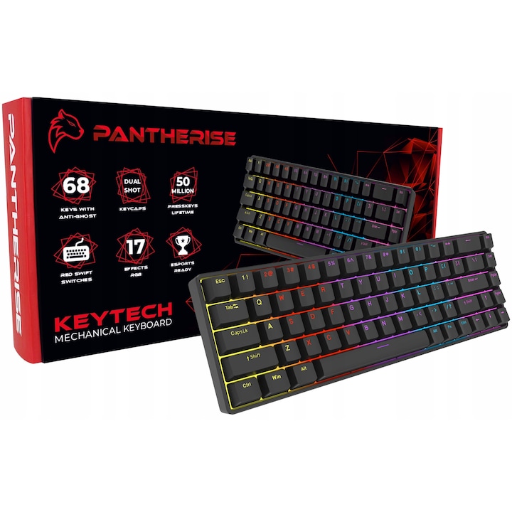 Tastatura Mecanica Gaming, Pantherise, Keytech, 31.15x10.25x3.59 cm, Switch-Uri Rosii, Iluminare RGB, 68 Taste Cu Anti-Ghosting, Cablu Impletit Type-C De 1.5 Metri, Negru