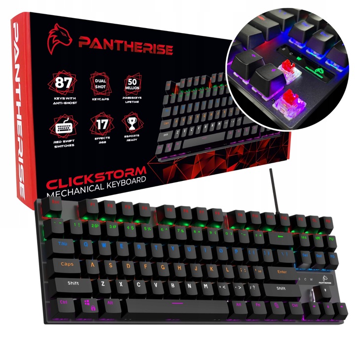 Tastatura Gaming Mecanica, Pantherise, Clickstorm, Switch Rosu Silentios, Iluminare RGB 17 Culori, 87 Taste Anti-Ghosting, Dual Shot Rezistente, Cablu Impletit 1.5m, Design Ergonomic, Ideala Jocuri Si Birou, 35x12cm, Negru
