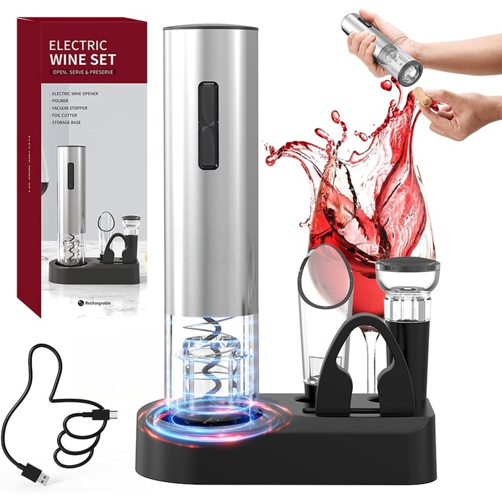Комплект електрически тирбушон 5 в 1 Morovan, One-Touch, Смарт, Аератор за вино с аксесоари, Резачка за алуминиево фолио, Вакуумни тапи, Презареждаема база, Вакуумна помпа за отстраняване на тапата на виното, USB кабел, Сребрист