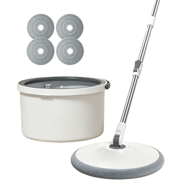 Omelivon® Set mop rotativ cu 4 lavete microfibra, sistem autocuratare, inaltime ajustabila, compartimente separate pentru apa curata si apa murdara, galeata rotunda cu supapa de scurgere, economisitor de apa, 2,5 litri, alb si gri