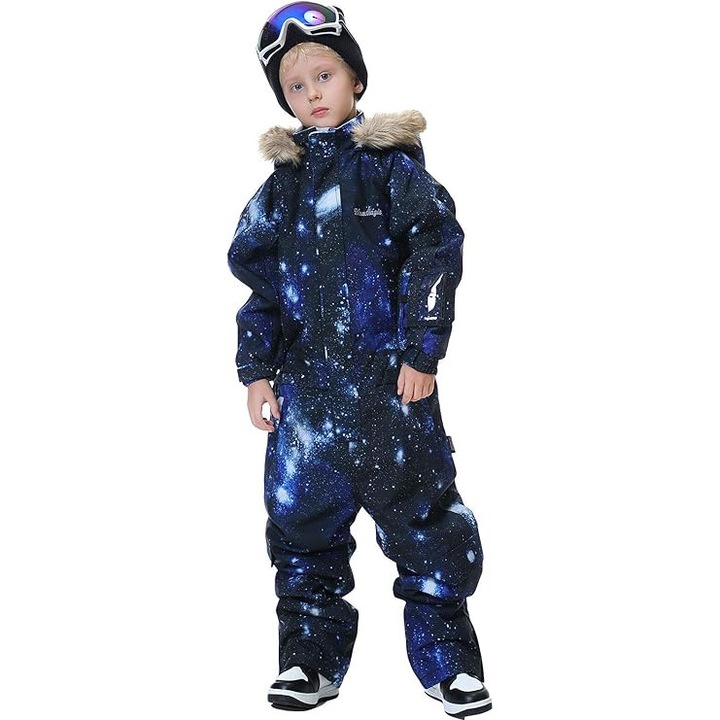Costum de schi Bluemagic pentru baieti, costum de zapada pentru copii, rezistent la vant, calduros, impermeabil si respirabil, design dintr-o singura piesa, deschidere cu fermoar, Multicolor