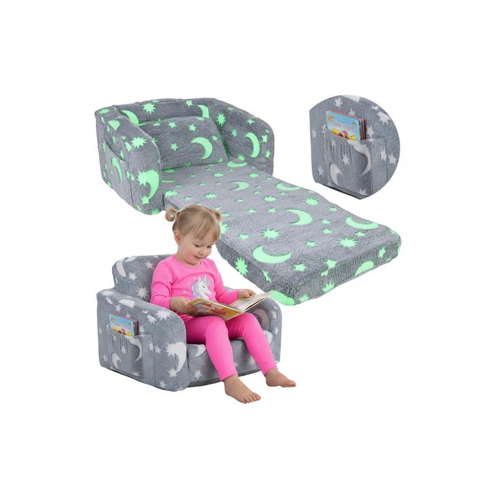 Gyerek kihúzható fotel, foszforeszkáló, hold és csillag mintás, 100x57x28 cm, szürke
