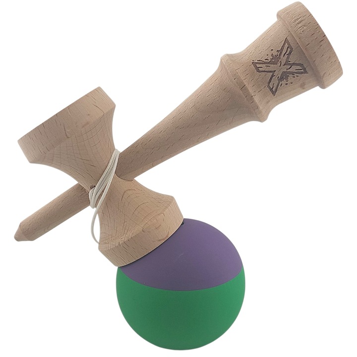 Produs premium - Kendama X Originala, Profesionala, Southern Sky, din Lemn, Rubber Grip, 18 cm, Verde/Mov