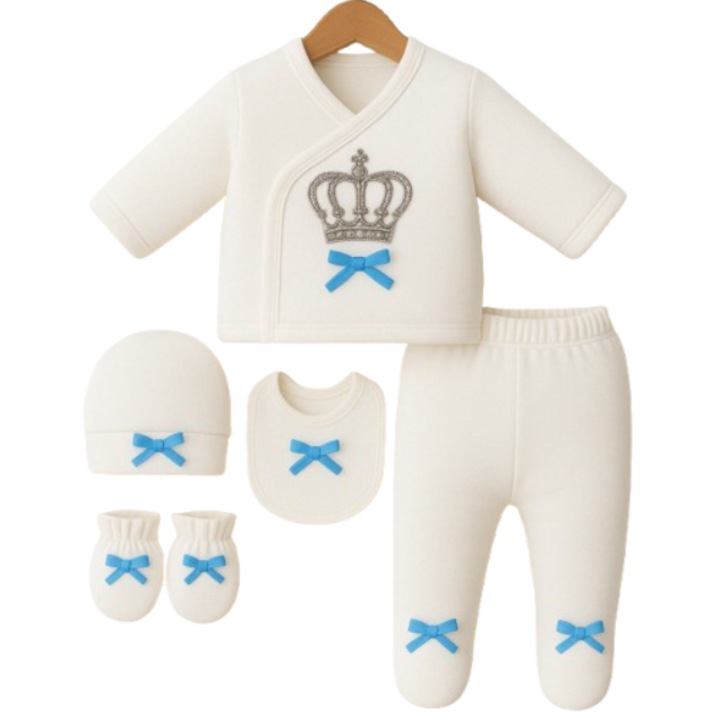 Compleu set nou nascut, cu 5 piese, 0-3 luni, alb cu albastru deschis