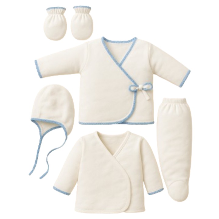 Compleu, Set nou nascut, cu 5 piese, 0-3 luni, alb albastrui