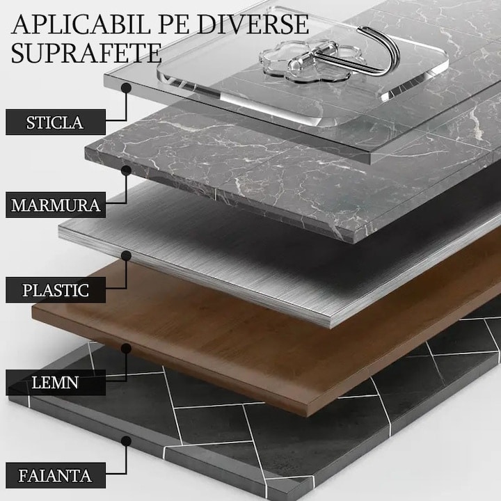 Set 5 cuiere adezive multifunctionale, suport cu carlig rotativ 180°, otel inoxidabil si PVC, lipire pe diverse suprafete, adeziv puternic, impermeabile, 5.5x5.5 cm, transparente