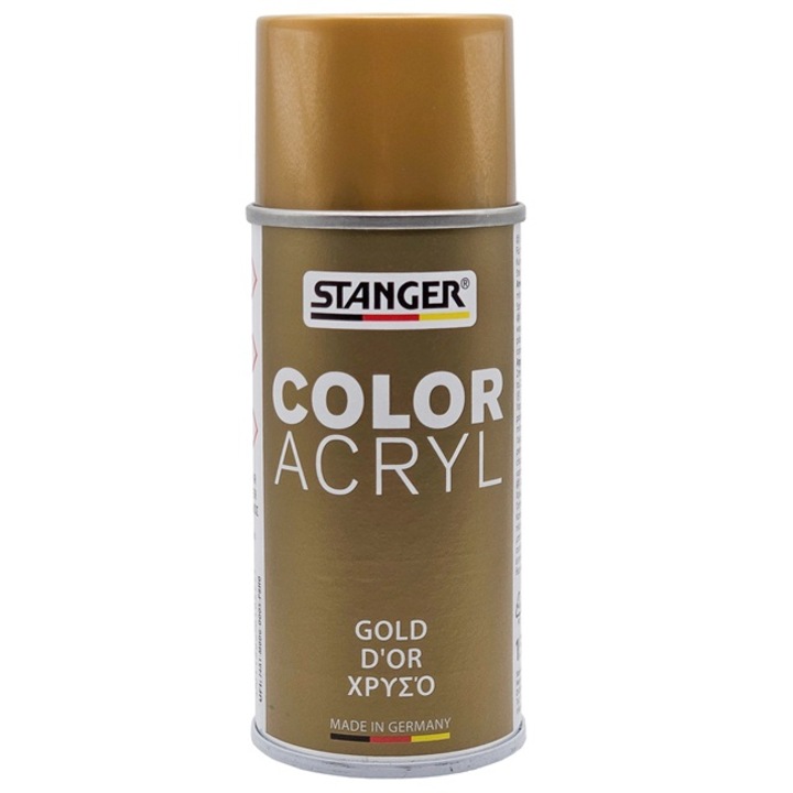 Спрей боя за графити STANGER, подходяща за дърво, пластмаса, хартия, полистирол, минерални повърхности, бързосъхнеща, оптимална температура на пръскане 15-25 градуса, водоустойчива, висококачествени пигменти, отлично покритие, ЗЛАТИСТ, 150 мл