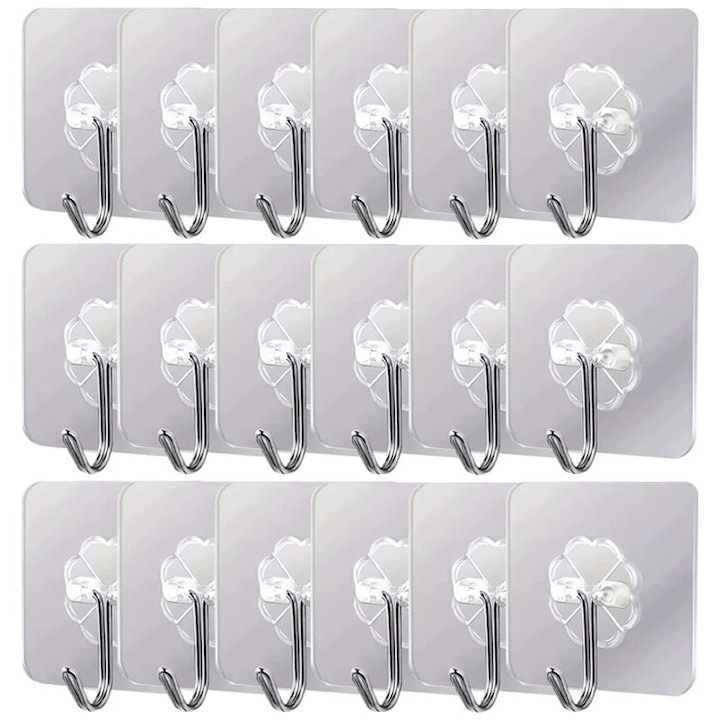Set 20 cuiere adezive multifunctionale, suport cu carlig rotativ 180°, otel inoxidabil si PVC, lipire pe diverse suprafete, adeziv puternic, impermeabile, 5.5x5.5 cm, transparente