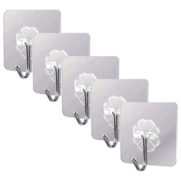 Set 5 cuie­re adezive multifunctionale, suport cu carlig rotativ 180°, otel inoxidabil si PVC, lipire pe diverse suprafete, adeziv puternic, impermeabile, 5.5x5.5 cm, transparente