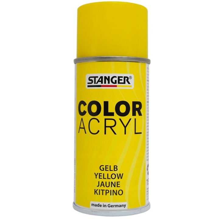 Спрей боя за графити STANGER, подходяща за дърво, пластмаса, хартия, полистирол, минерални повърхности, бързосъхнеща, оптимална температура на пръскане 15-25 градуса, водоустойчива, висококачествени пигменти, отлично покритие, ЖЪЛТ, 150 мл