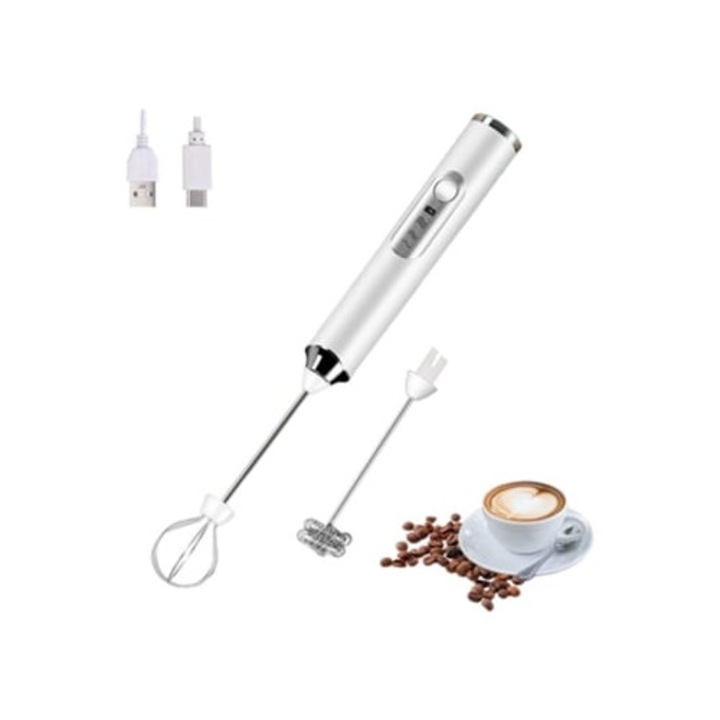 Frother electric portabil cu doua capete, USB reincarcabil, 3 viteze, alb