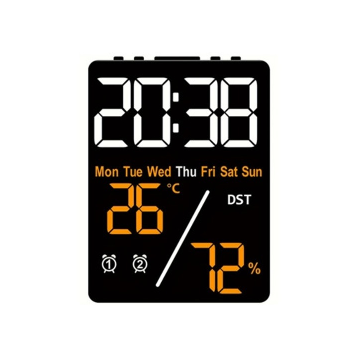 Többfunkciós dekoratív óra, elektronikus ébresztő, klímamonitorozás, narancssárga, méretek meghatározatlanok
