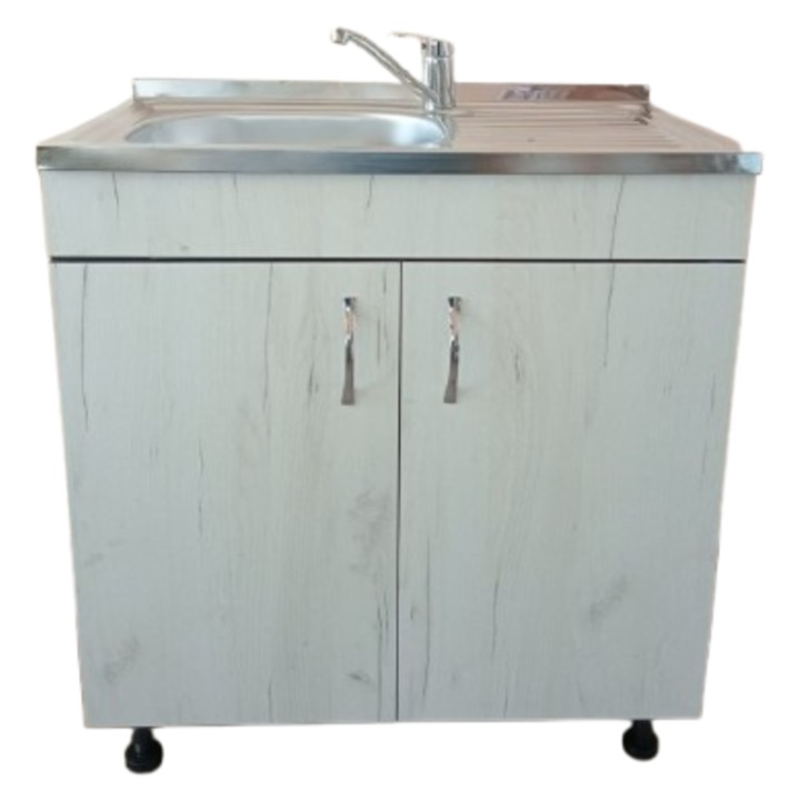 Set, Masca Chiuveta gri deschis, 80 cm X 50 cm X 80 cm, Chiuveta bucatarie cuva stanga, Baterie bucatarie teava mobila, Sifon scurgere