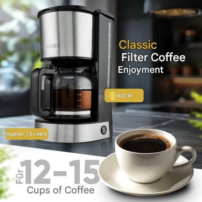 Cafetiera Bomann, 1.5 litri, aprox. 12-14 cani de cafea, cana gradata din sticla, filtru lavabil, protectie anti-picurare, indicator luminos, sistem de mentinere la cald, carcasa din otel inoxidabil, 800 W, inox