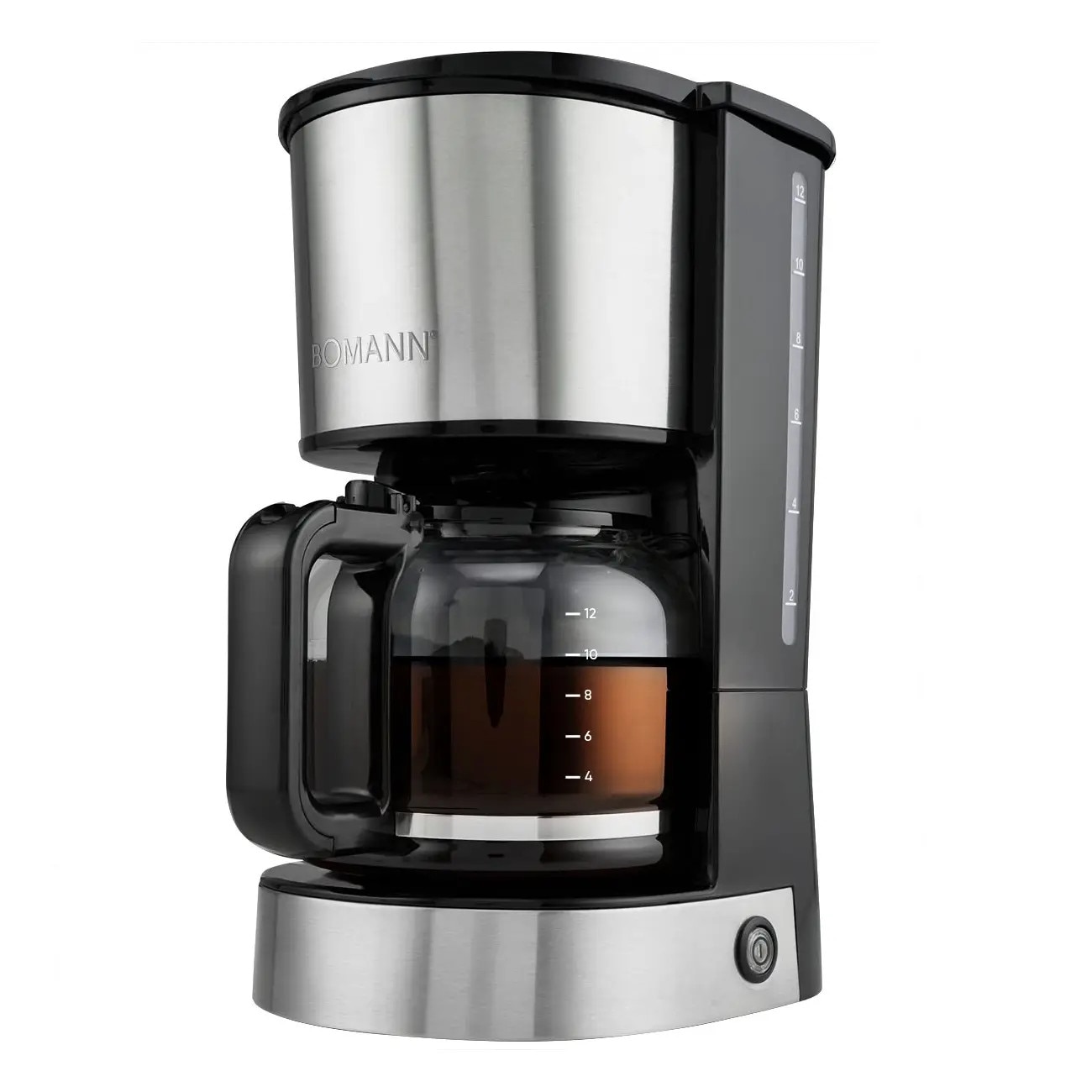 Cafetiera Bomann, 1.5 litri, aprox. 12-14 cani de cafea, cana gradata din sticla, filtru lavabil, protectie anti-picurare, indicator luminos, sistem de mentinere la cald, carcasa din otel inoxidabil, 800 W, inox