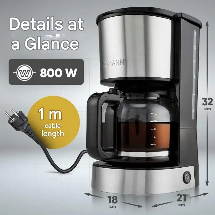 Cafetiera Bomann, 1.5 litri, aprox. 12-14 cani de cafea, cana gradata din sticla, filtru lavabil, protectie anti-picurare, indicator luminos, sistem de mentinere la cald, carcasa din otel inoxidabil, 800 W, inox