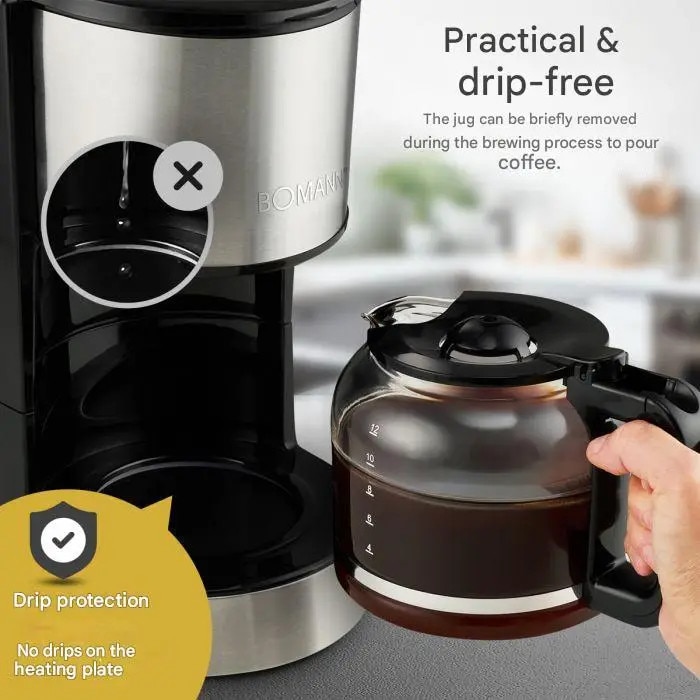 Cafetiera Bomann, 1.5 litri, aprox. 12-14 cani de cafea, cana gradata din sticla, filtru lavabil, protectie anti-picurare, indicator luminos, sistem de mentinere la cald, carcasa din otel inoxidabil, 800 W, inox