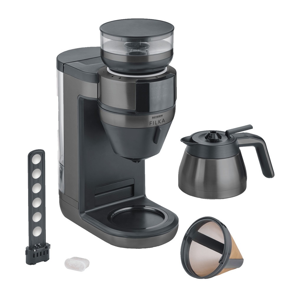 Cafetiera cu rasnita Severin, Filka, compatibila cu cafea boabe/macinata, capacitate rasnita 235 g, rasnire reglabila, setare aroma 5 trepte, carafa sticla, timer, panou control senzor touch, accesoriu utilizare cana/ceasca/termos, filtru lavabil, negru