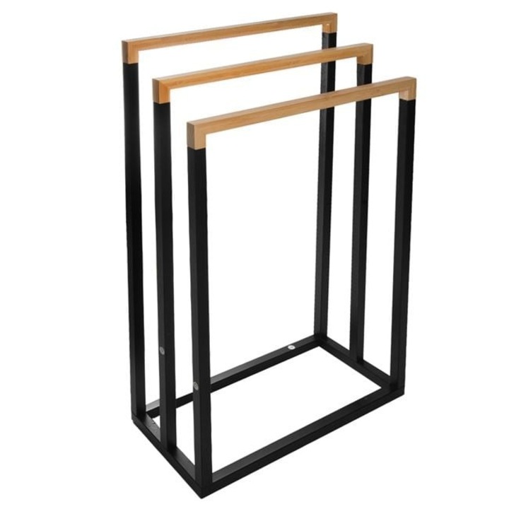Suport prosoape AVA din bambus cu cadru metalic negru, 3 spatii, 45x21x76cm