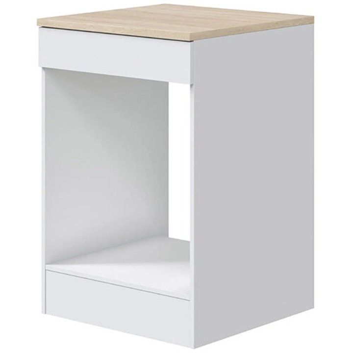 Set mobila bucatarie Pegane, dulap de baza pentru cuptor, alb lucios, stejar canadian